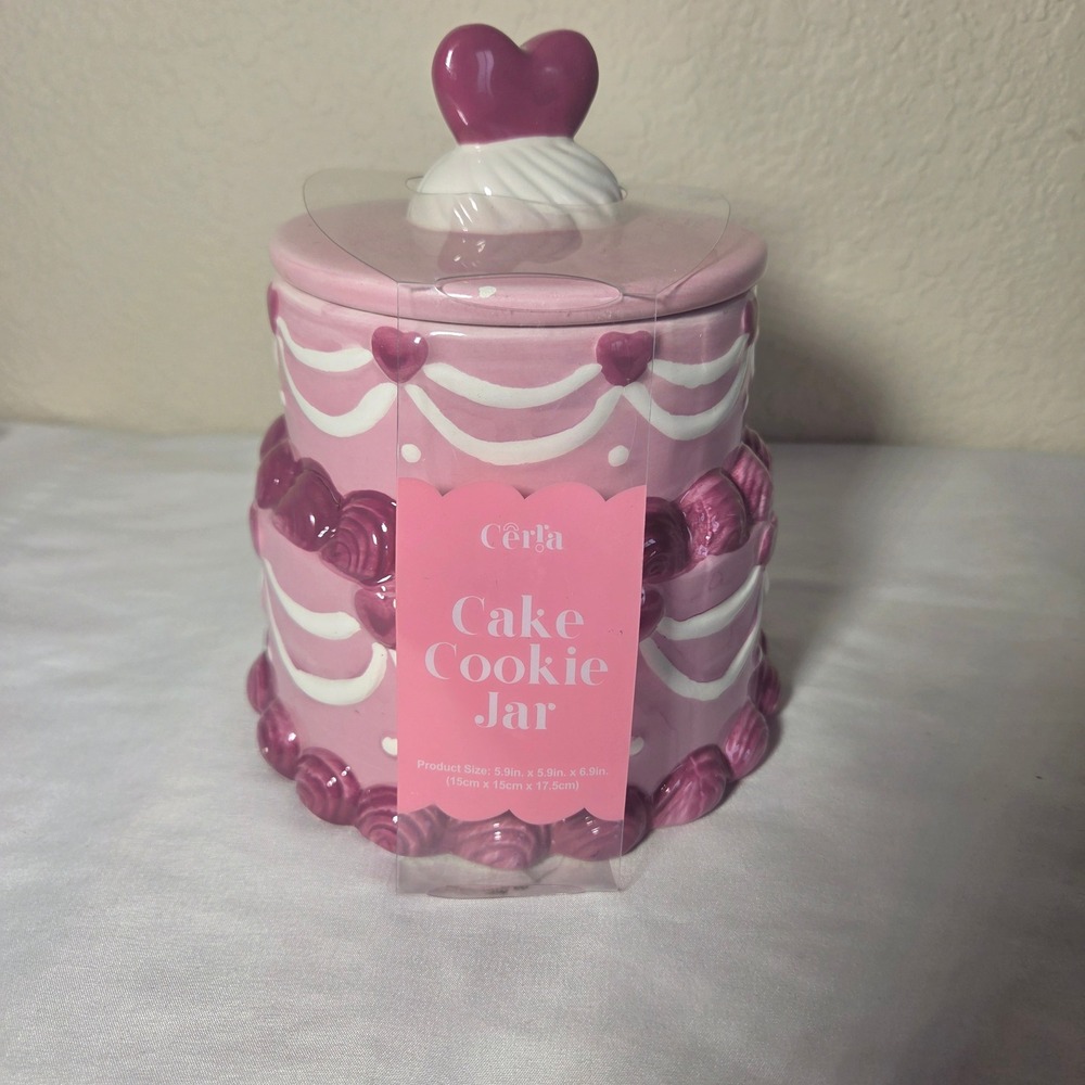 Cerra Pnk Tiered Cake Cookie Jar Heart Finial Vintage Style Ceramic CRCR-1020-PK